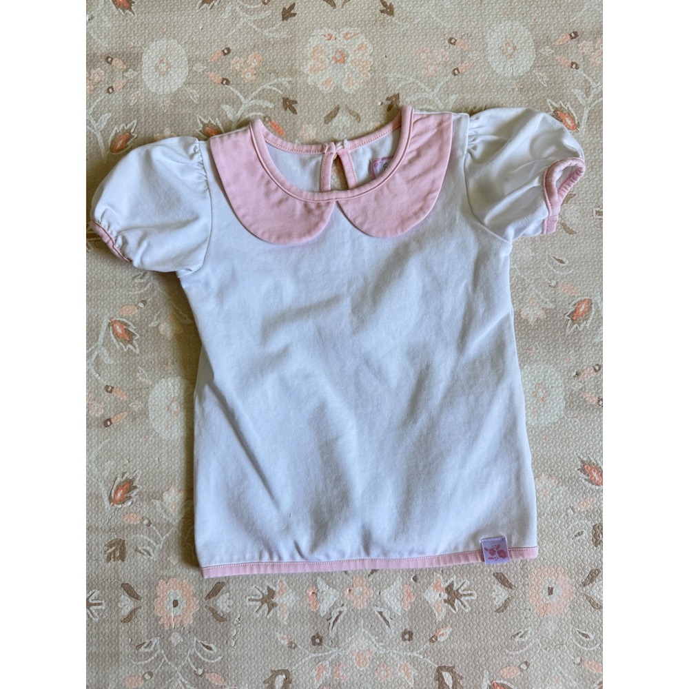 SweetHoney Girls White Pink Peter Pan Collar Puff Sleeve Top Shirt 3T